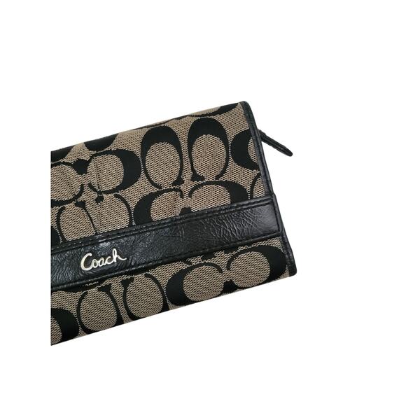 Coach Signature Canvas & Leather Pleated Trifold Card Wallet‎ Snap Clutch Brown - Picture 3 of 7